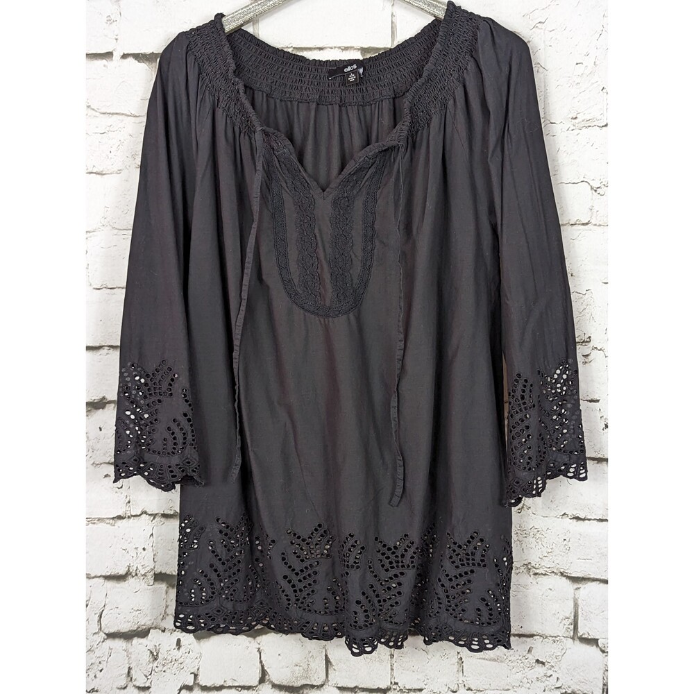 ELLOS Black Boho Peasant Prairie Cottage Eyelet Top Size Large (18/20)